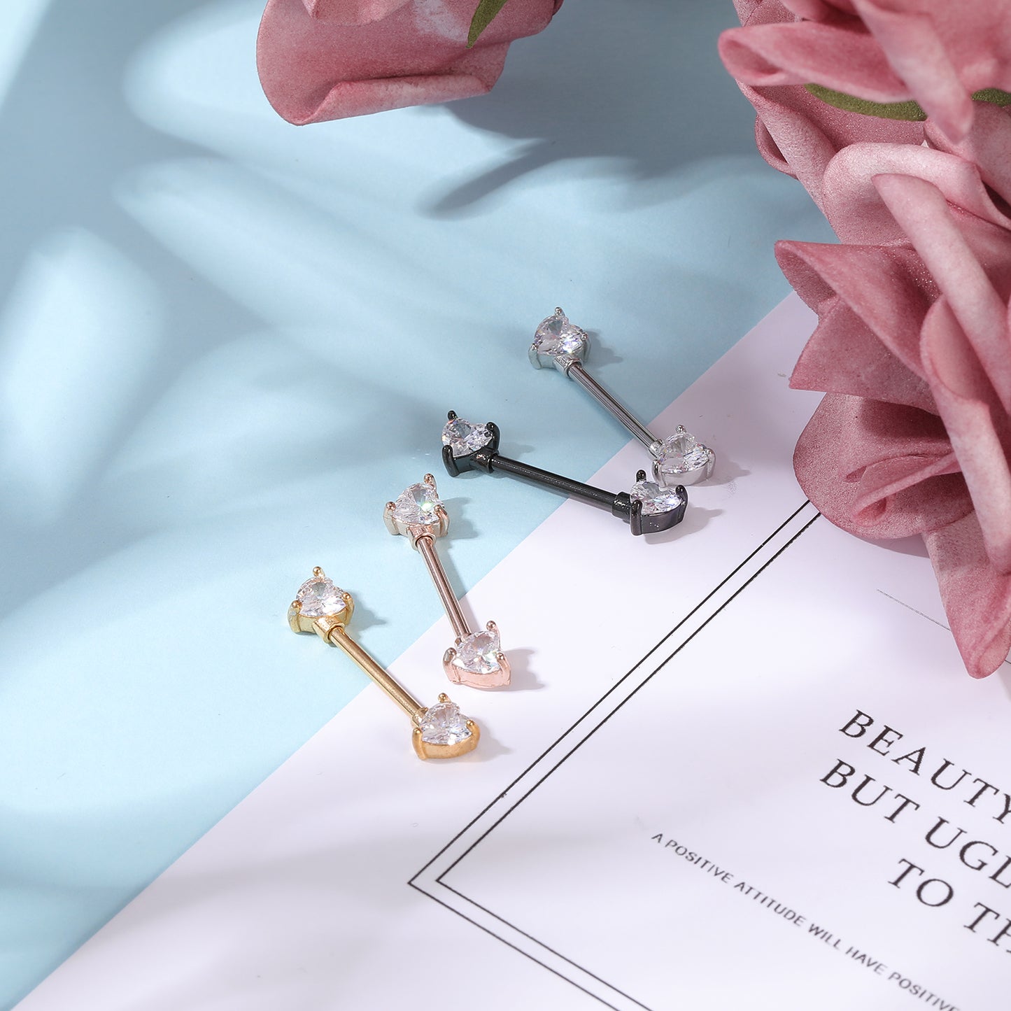 2pcs 14G Heart Crystal Nipple Barbell Ring Gold Claw Nipple Piercing