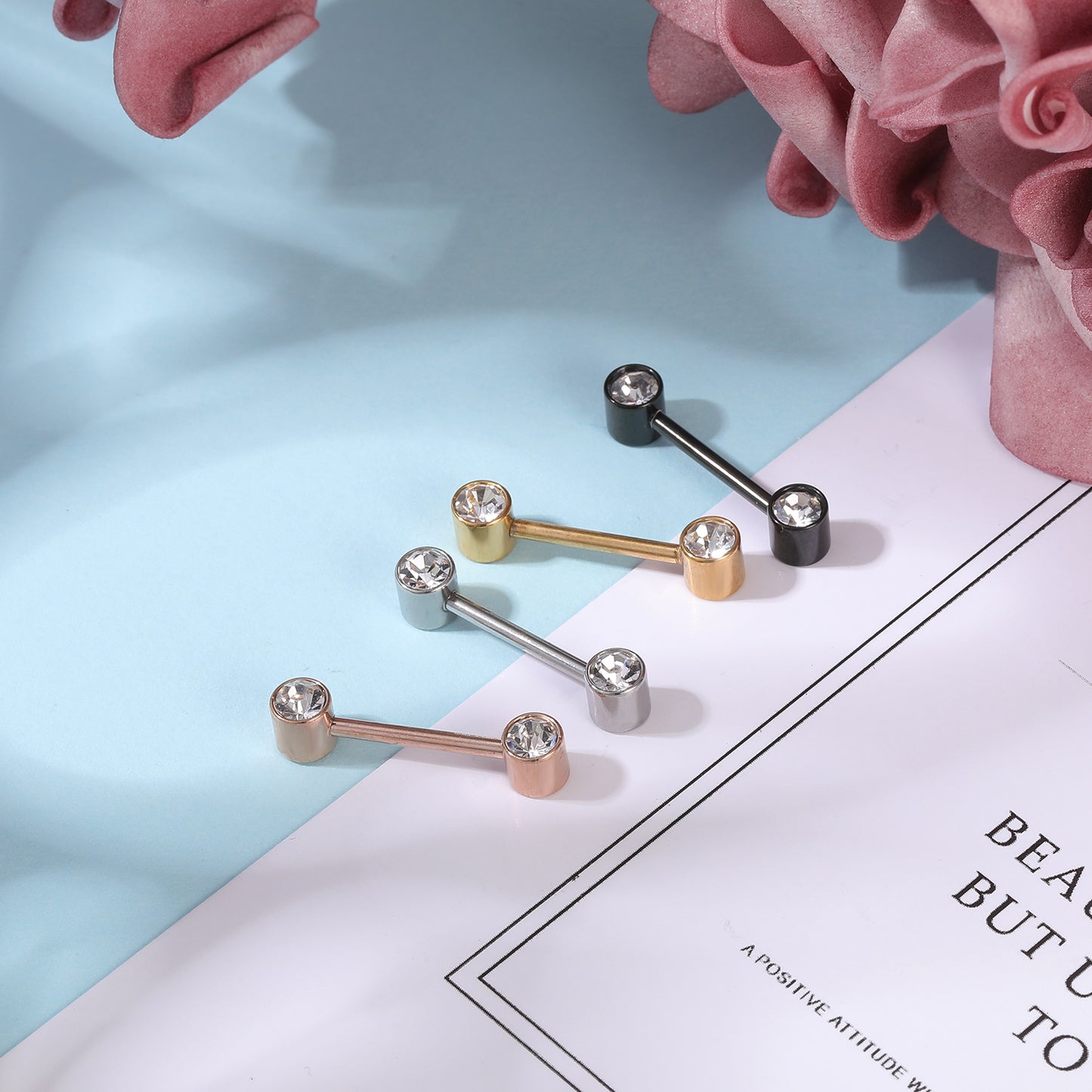 2pcs 14G Simple Nipple Barbell Ring Round Crystal Silver Nipple Piercing