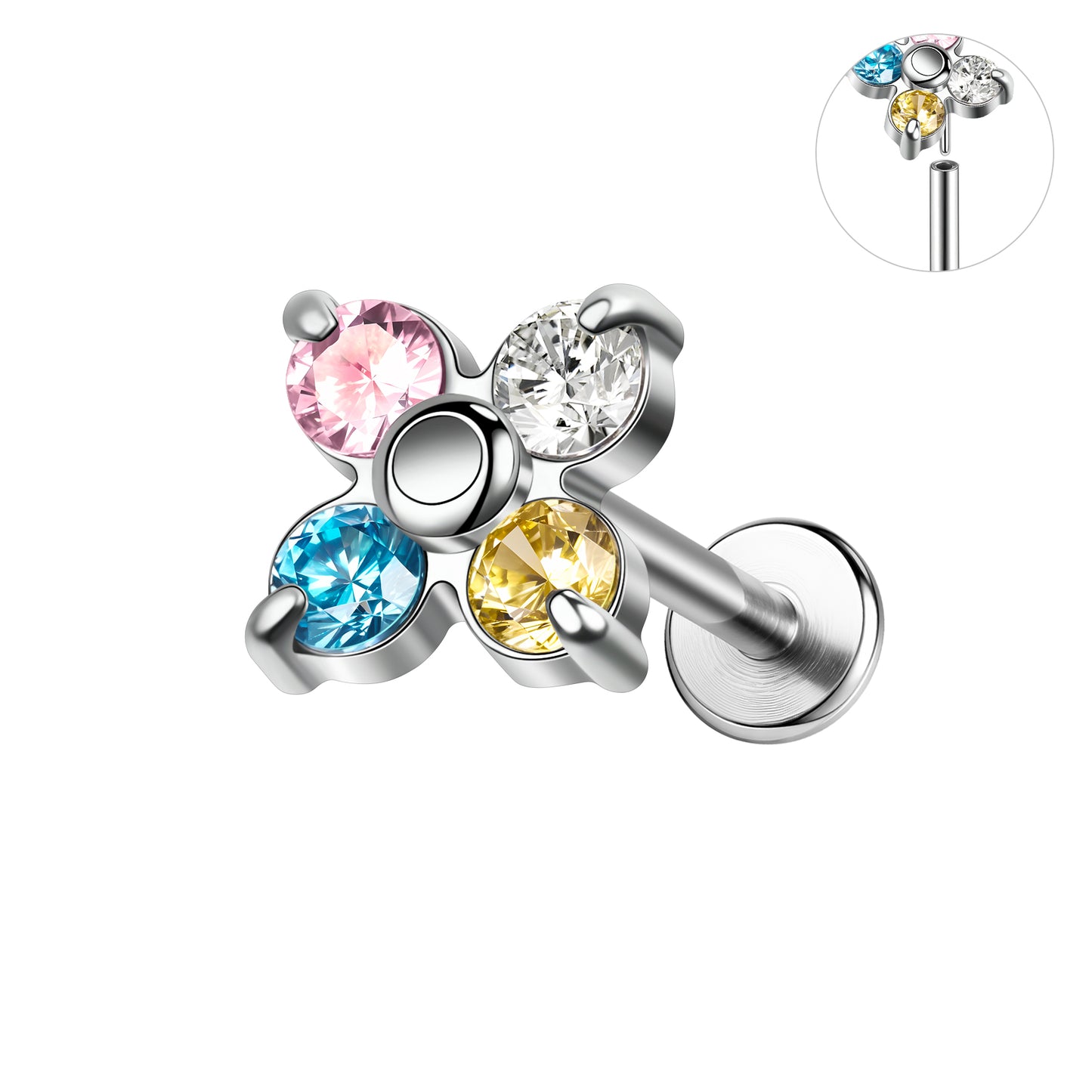 16g Multicolor Zircon Labret Ring Push in Stud Earring Threadless Conch Helix Lip Piercing