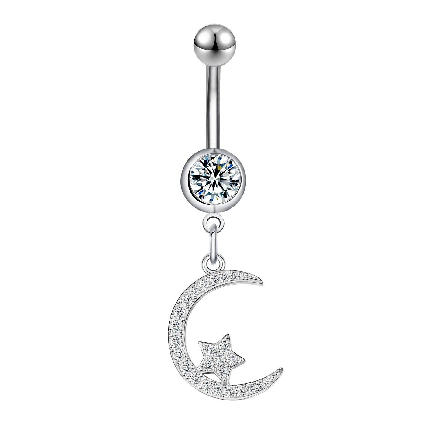 14G Moon Dangle Belly Navel Rings Clear Crystal Belly Button Rings