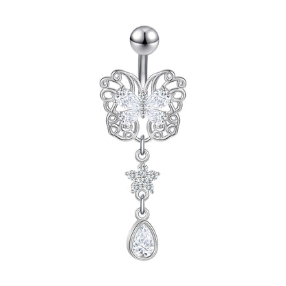 14G Butterfly Belly Navel Rings Crystal Drop Dangling Belly Button Rings