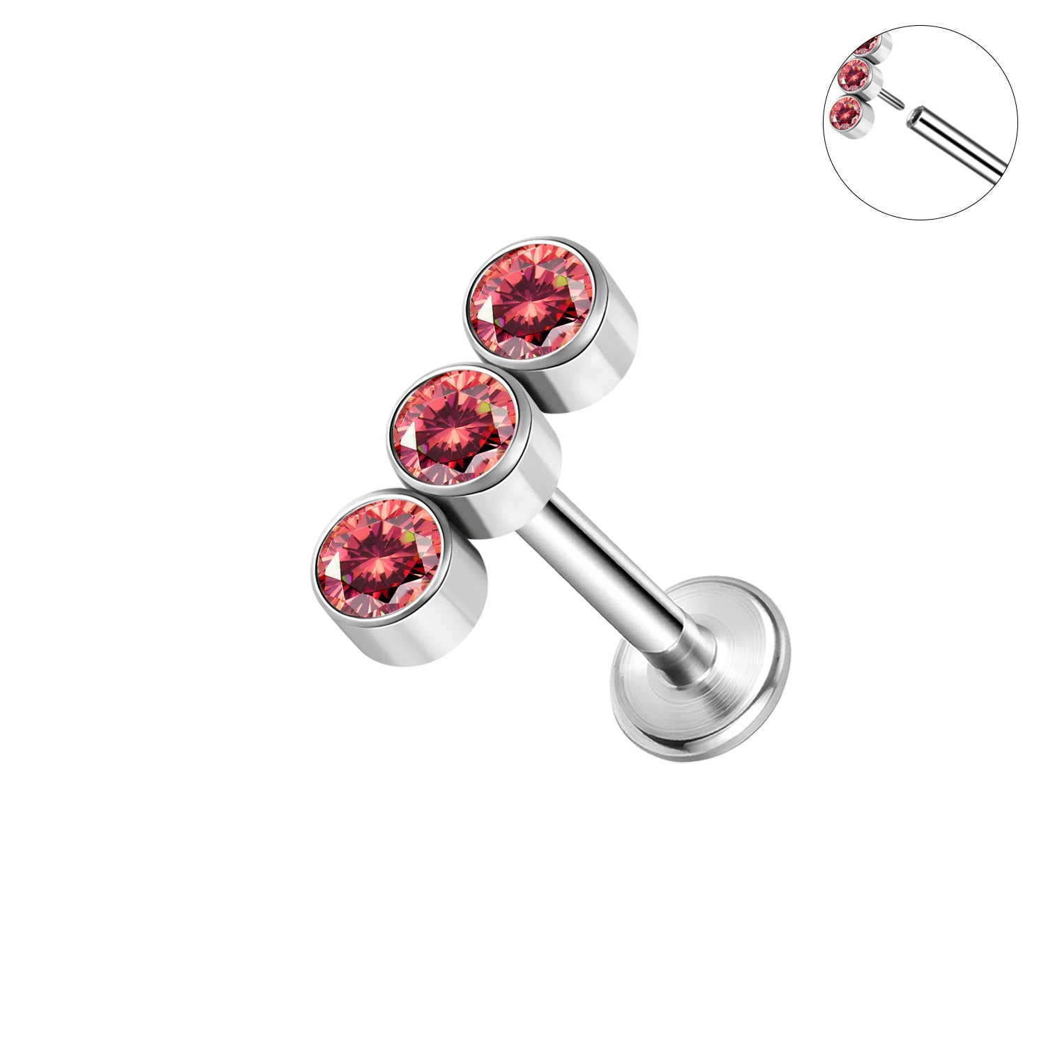 16g Pink Crystal Labret Ring Flat Back Stud Earring Push-in Conch Helix Lip Piercing