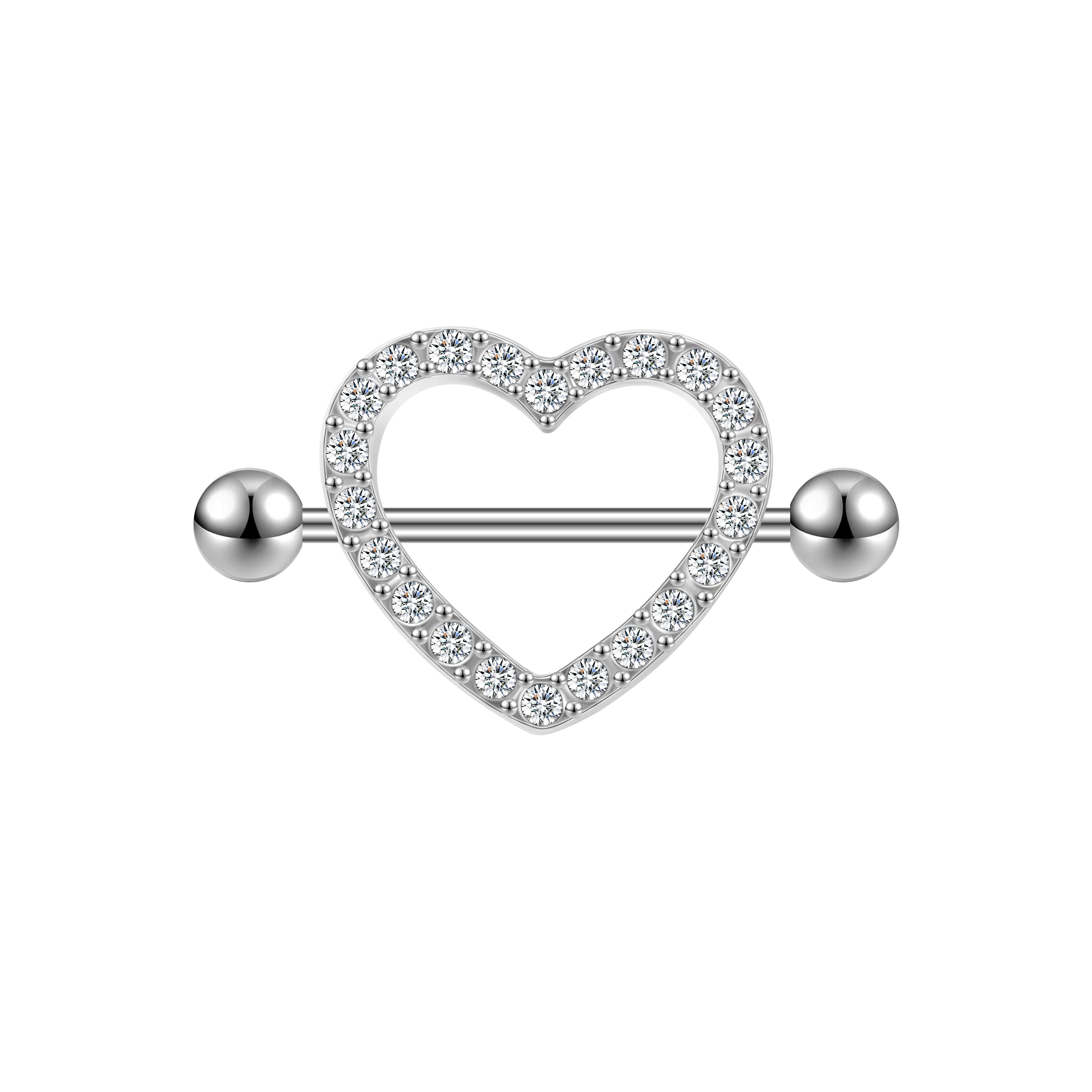 2Pcs 14G Heart Nipple Rings White Crystal Nipple Piercing Barbell Jewelry