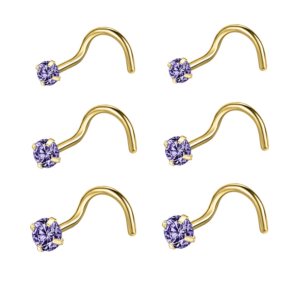 6-Pcs/Set-20G-Violet-Blue-Zircon-Nose-Studs-Piercing-Crokscrew-Nose-Rings-Gold-Plated-Nostril-Piercing