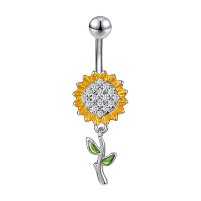 14G Sunflower Belly Rings Inlay Crystal Belly Navel Button Rings