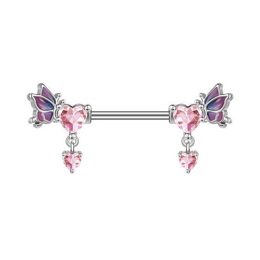 2Pcs 14G Heart Dangle Nipple Rings Pink Zircon Nipple Piercing Barbell Jewelry