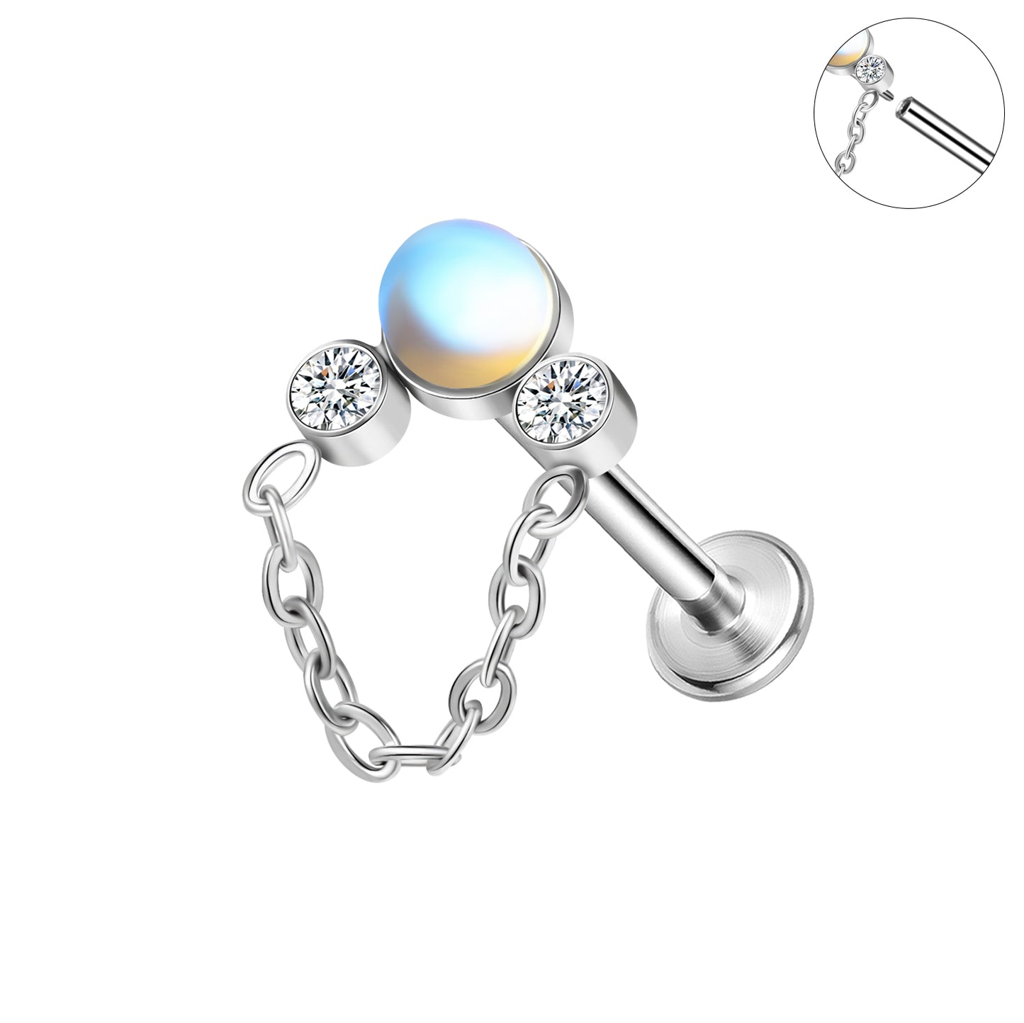 16g Moonstone Labret Ring Flat Back Stud Earring Push-in Conch Helix Lip Piercing