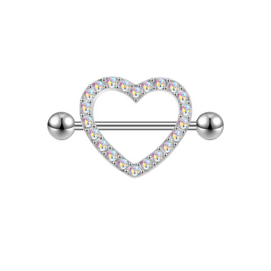 2Pcs 14G Heart Nipple Rings AB White Crystal Nipple Piercing Barbell Jewelry