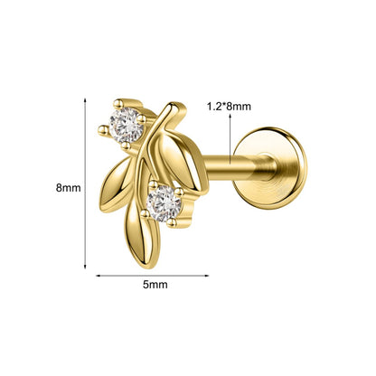 16g Leaf Labret Ring Flat Back Stud Earring CZ Conch Helix Lip Piercing