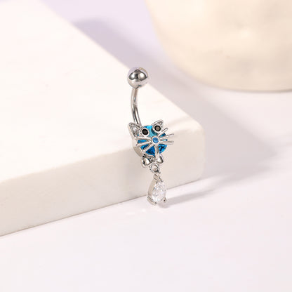 14G Cute Cat Belly Navel Rings Aqua Blue Zirconia Belly Button Rings