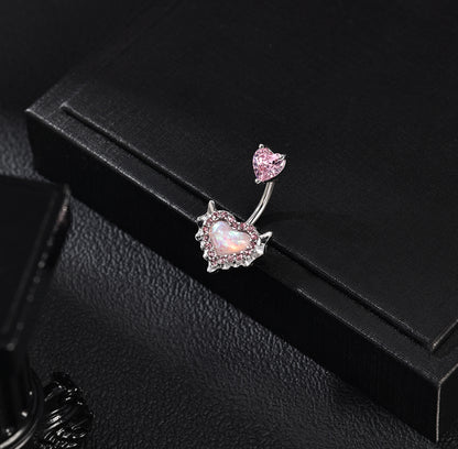 14G Double Heart Belly Navel Rings Pink Opal Belly Button Rings