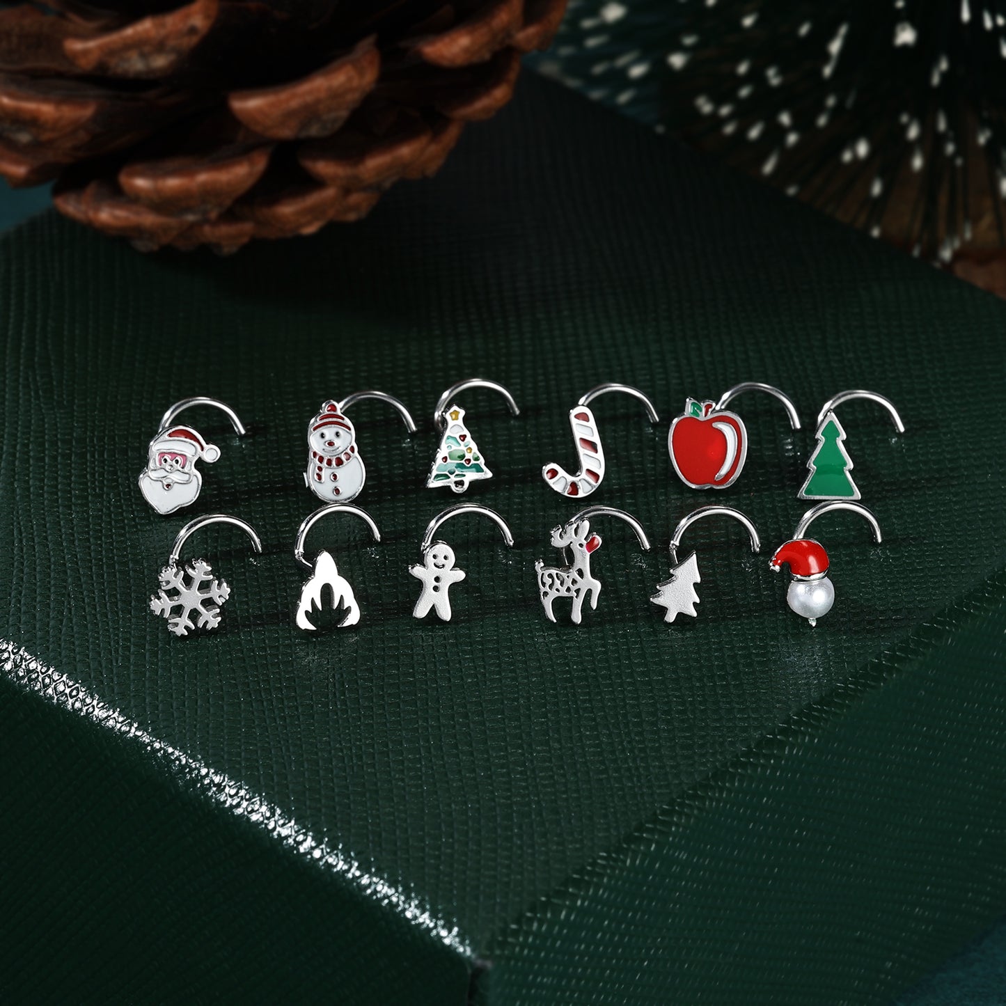 20g Santa Hat Corkscrew Nose Rings Studs Christmas Stainless Steel Nose Stud Piercing