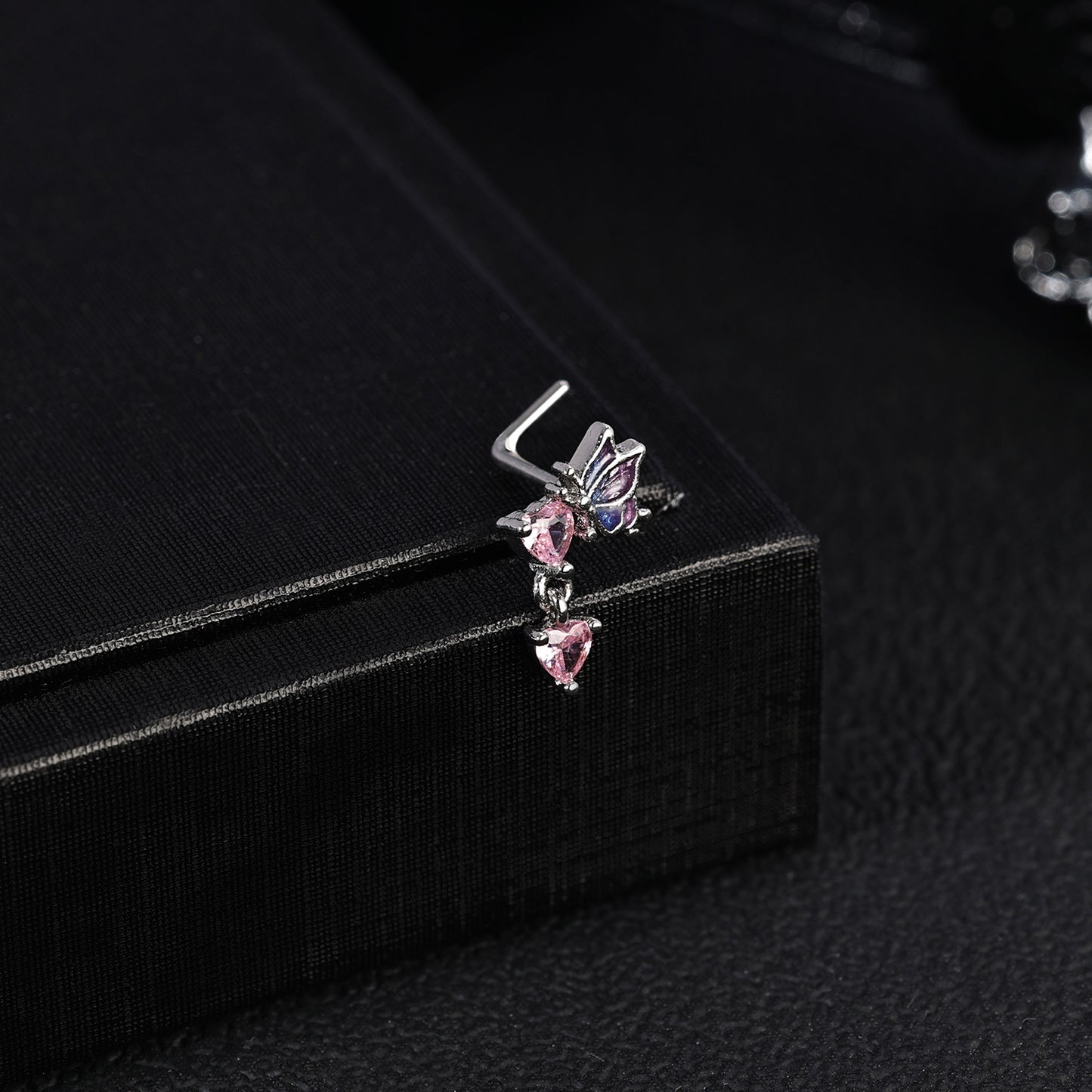 20G Heart Dangle Nose Studs Piercing L Shape Nose Rings Pink Zirconia Nostril Piercing