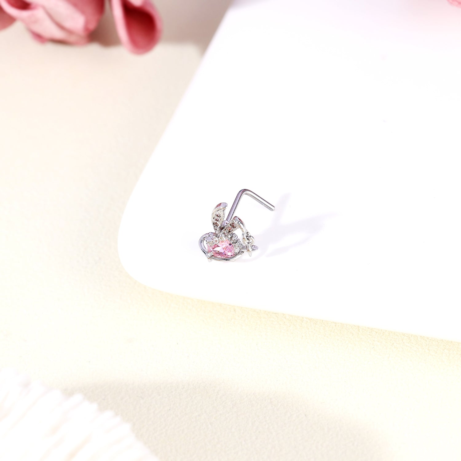 20G Cute Rabbit Nose Studs Piercing L Shape Nose Rings Pink Zirconia Nostril Piercing