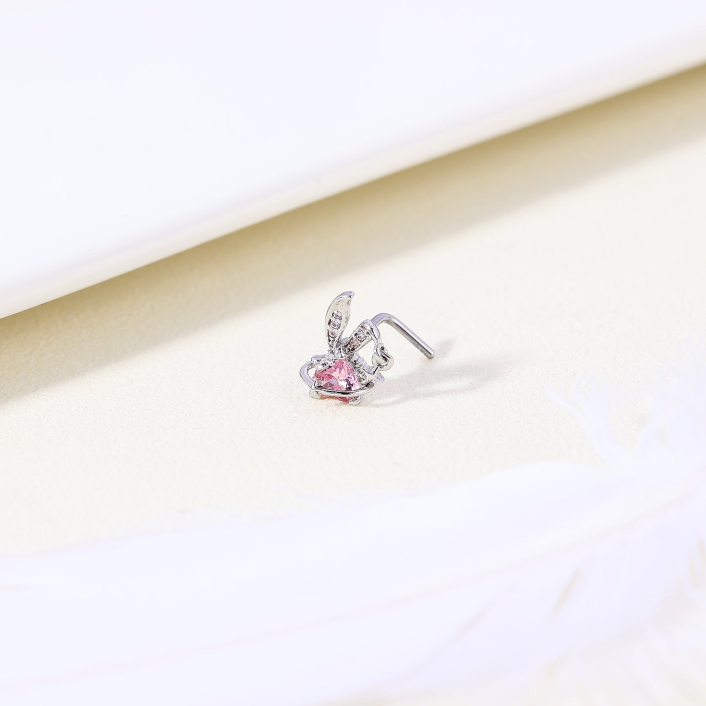 20G Cute Rabbit Nose Studs Piercing L Shape Nose Rings Pink Zirconia Nostril Piercing