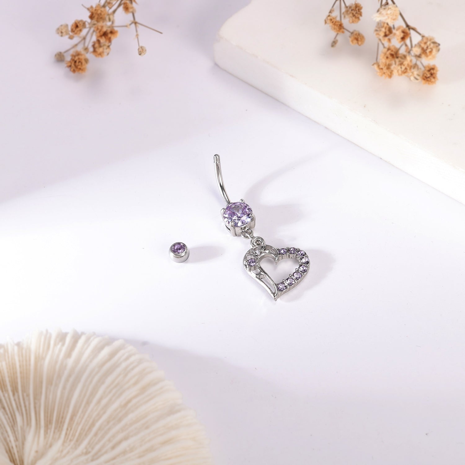 14G Heart Dangle Belly Navel Rings Purple Zircon Belly Button Rings