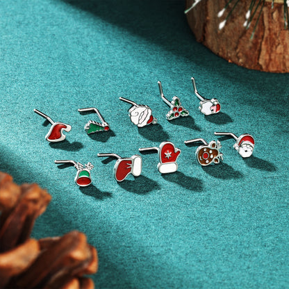 10Pcs/Set 20g Santa Claus Nose Rings Studs L-shaped Christmas Stainless Steel Nose Stud Piercing