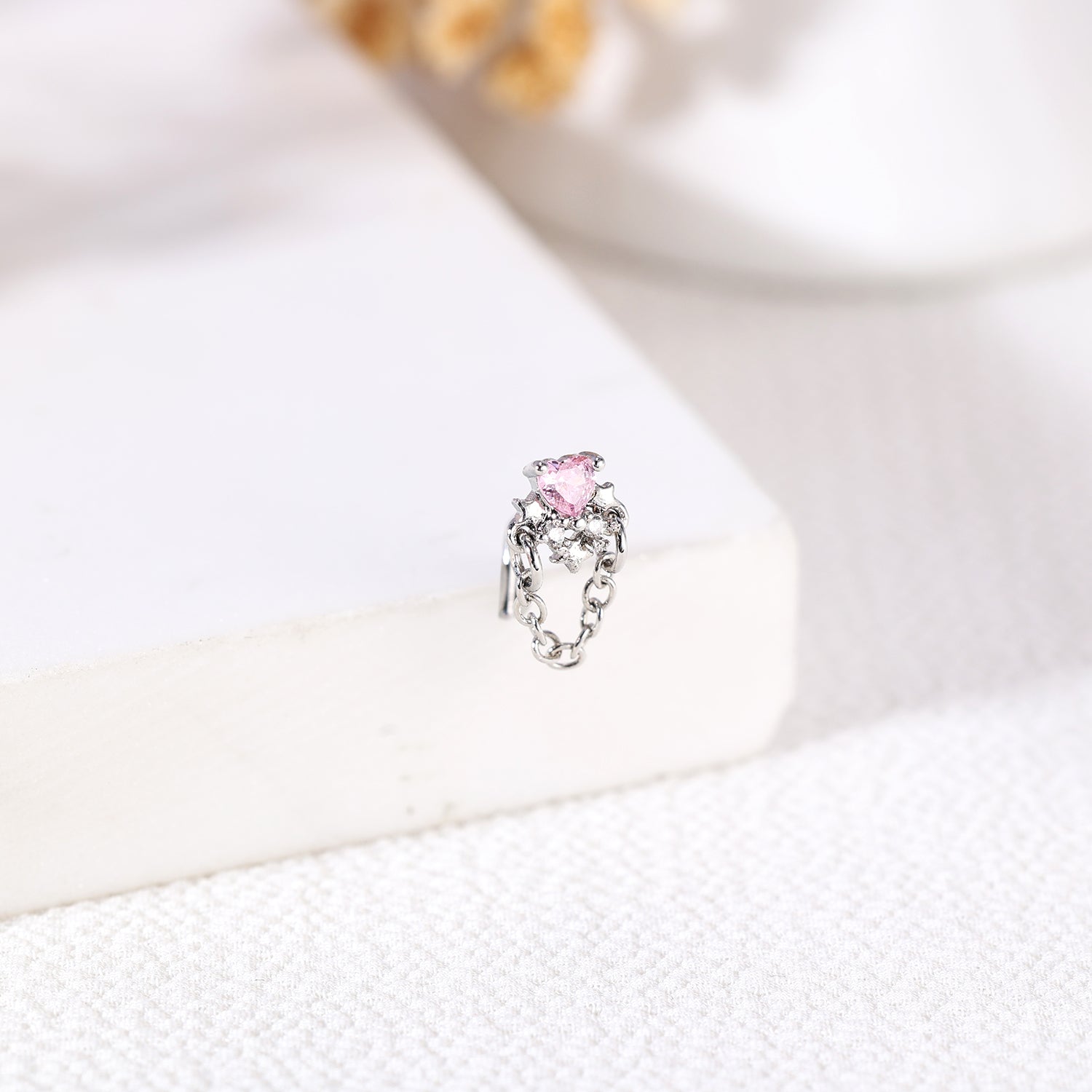 20G Heart Nose Studs Piercing L Shape Nose Rings Pink Zirconia Nostril Piercing