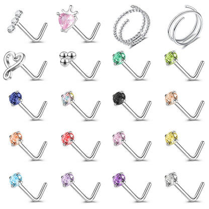 16Pcs/Set 20g L Shaped Nose Stud Hoop Nose Rings CZ Moon Flower Nostril Rings Set