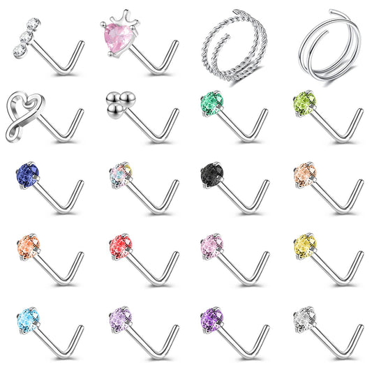 16Pcs/Set 20g L Shaped Nose Stud Hoop Nose Rings CZ Moon Flower Nostril Rings Set