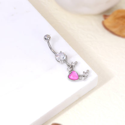 14G Moon Dangle Belly Navel Rings Red Heart Zirconia Belly Button Rings