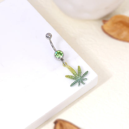 14G Green Grass Leaf Belly Navel Rings Cubic Zirconia Belly Button Rings