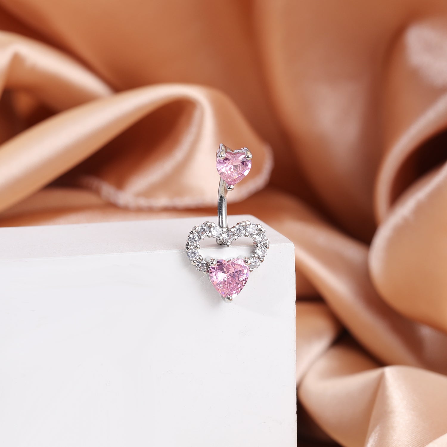 14G Double Heart Belly Navel Rings Pink Zirconia Belly Button Rings