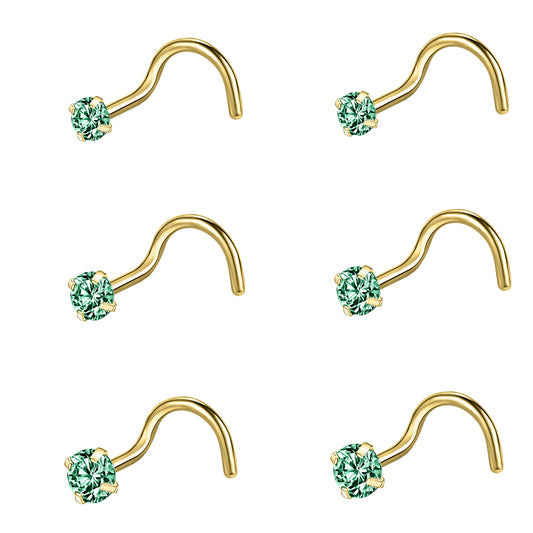 6-Pcs/Set-20G-Green-Zircon-Nose-Studs-Piercing-Crokscrew-Nose-Rings-Gold-Plated-Nostril-Piercing