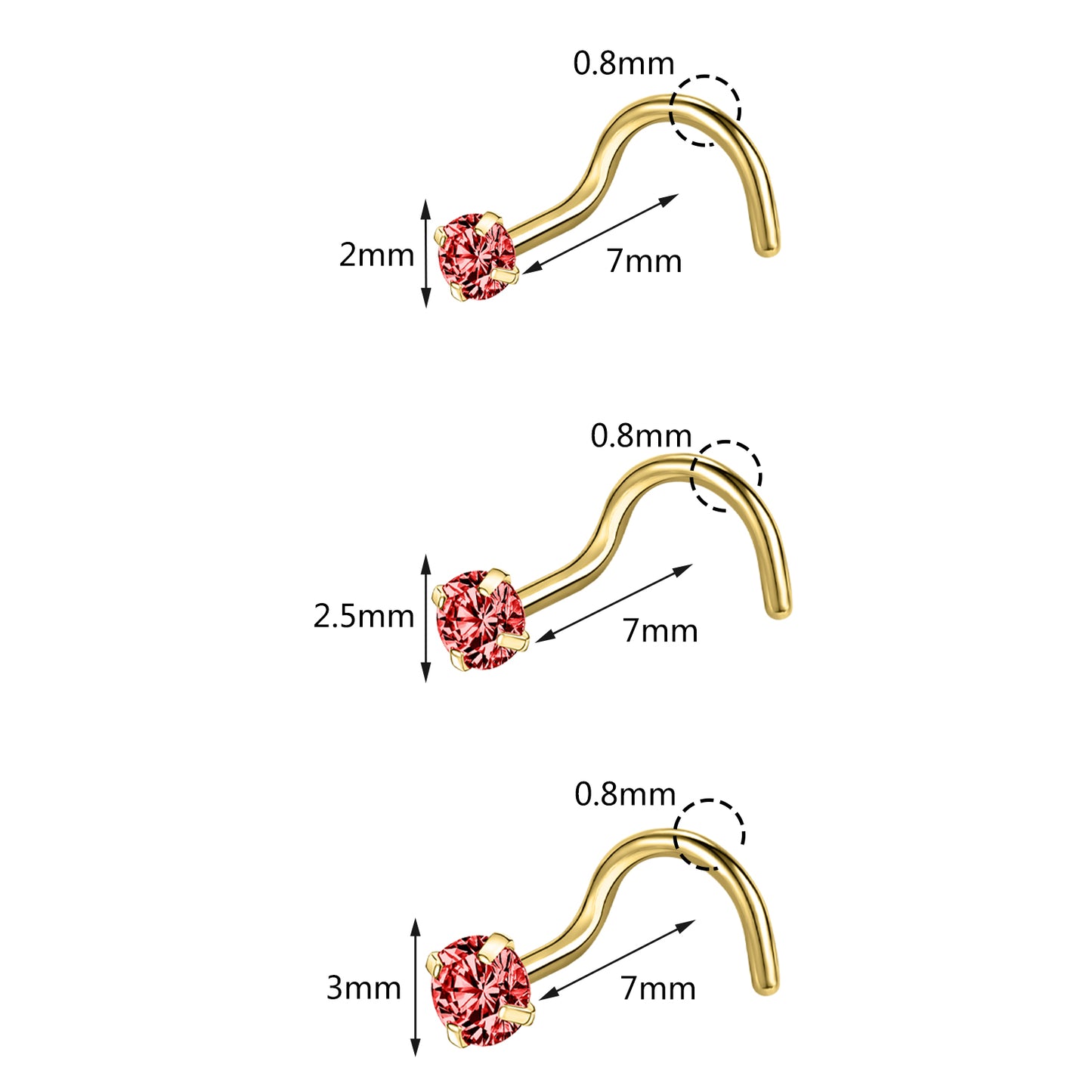 6-Pcs/Set-20G-Red-Zircon-Nose-Studs-Piercing-Crokscrew-Nose-Rings-Gold-Plated-Nostril-Piercing