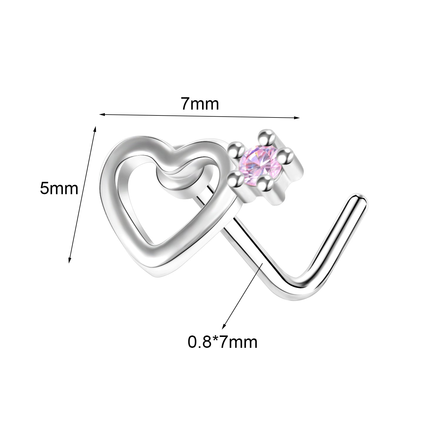 20G Heart Nose Studs Piercing L Shape Nose Rings Cubic Zirconia Nostril Piercing