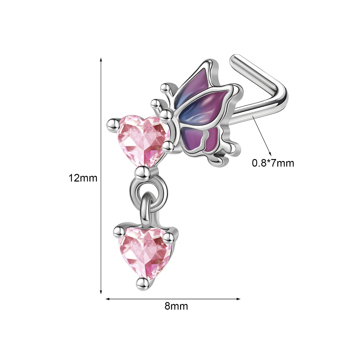 20G Heart Dangle Nose Studs Piercing L Shape Nose Rings Pink Zirconia Nostril Piercing