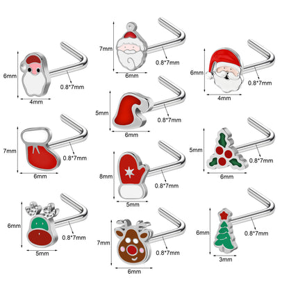 10Pcs/Set 20g Santa Claus Nose Rings Studs L-shaped Christmas Stainless Steel Nose Stud Piercing