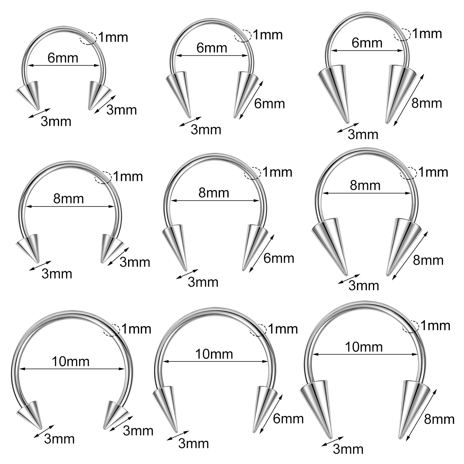 16g/18g Horseshoe Nose Ring Internally Threaded Spike Septum Ring Piercing