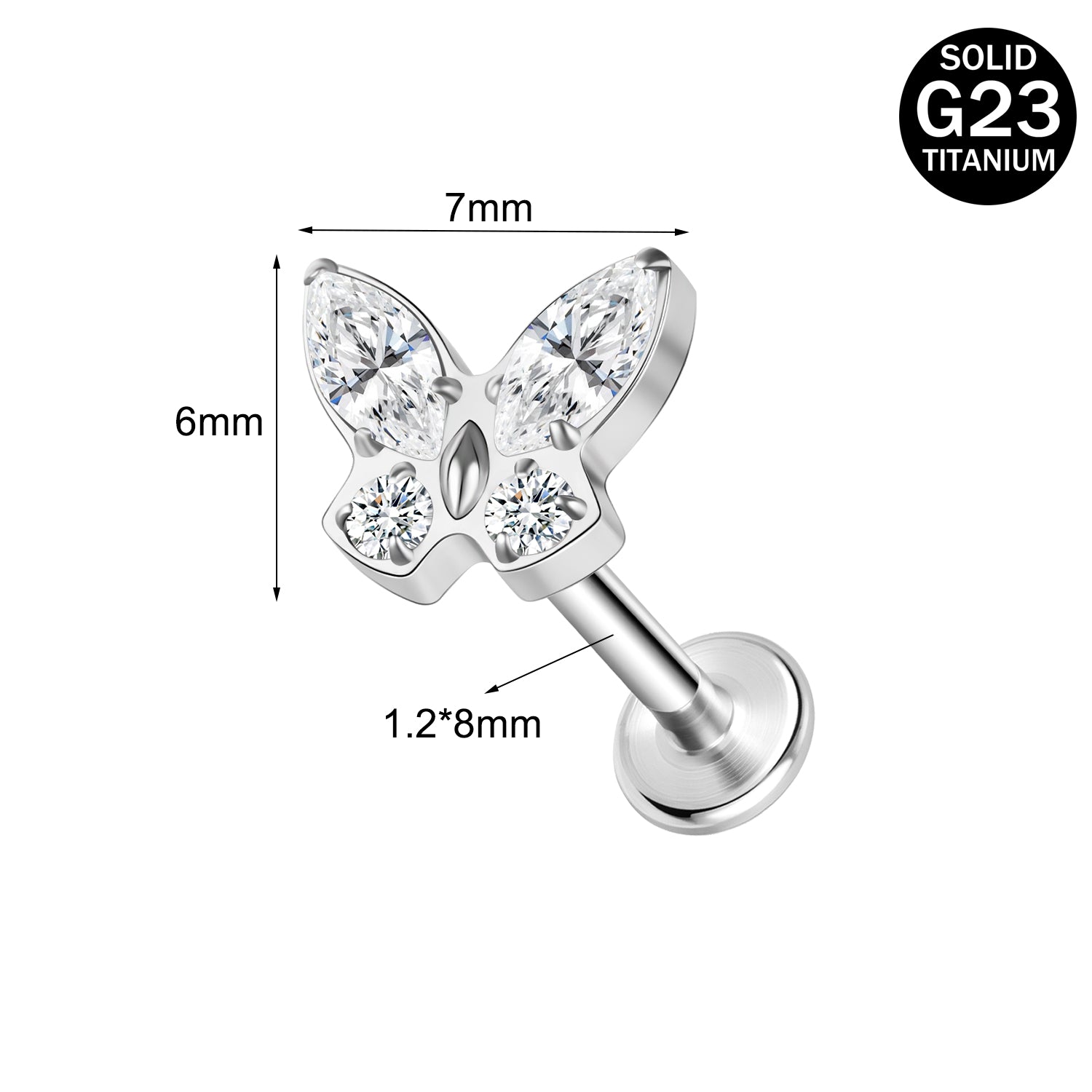 16g G23 Titanium Labret Ring Butterfly Stud Earring Threaded Conch Helix Lip Piercing