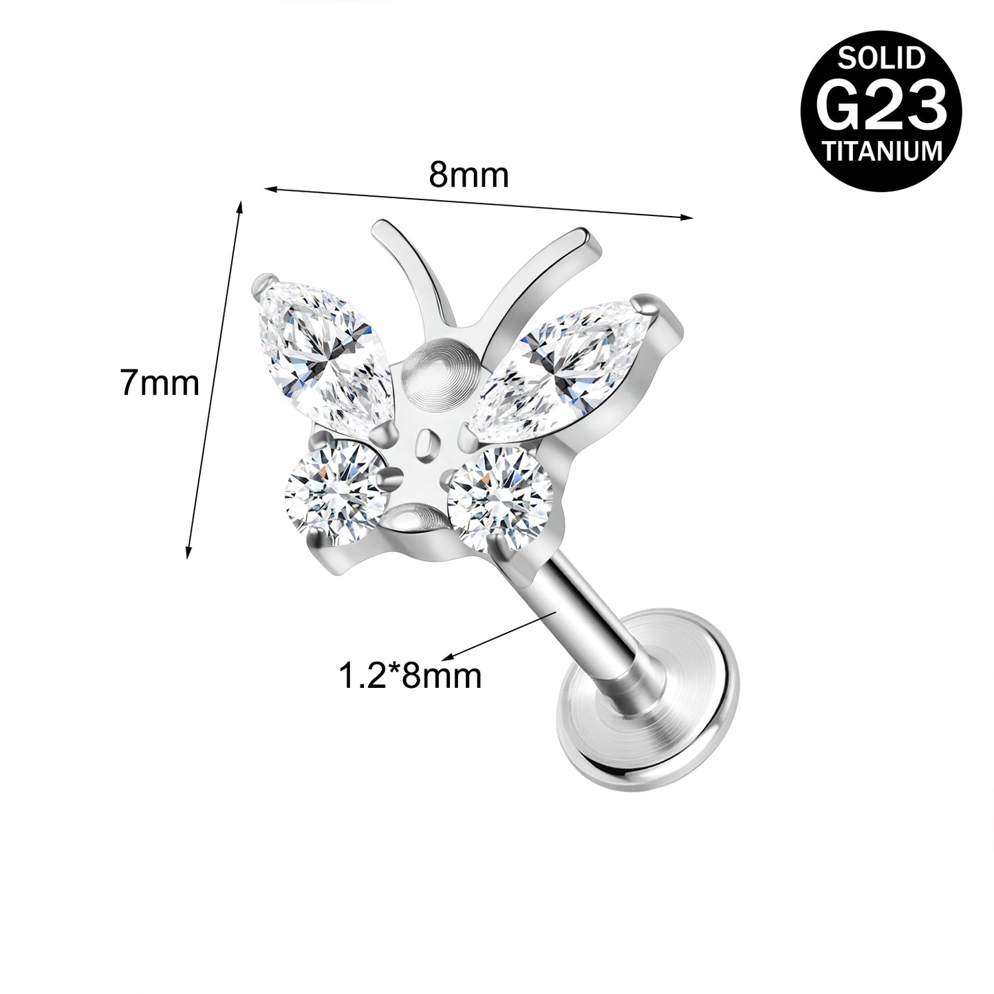 16g G23 Titanium Labret Ring Butterfly Stud Earring Threaded Conch Helix Lip Piercing