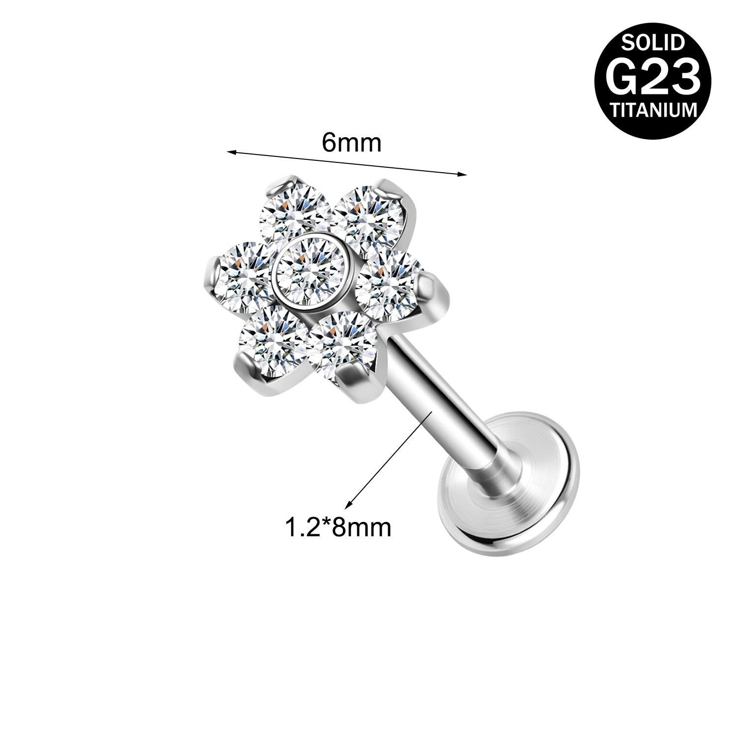 16g G23 Titanium Labret Ring White Zircon Stud Earring Threaded Conch Helix Lip Piercing