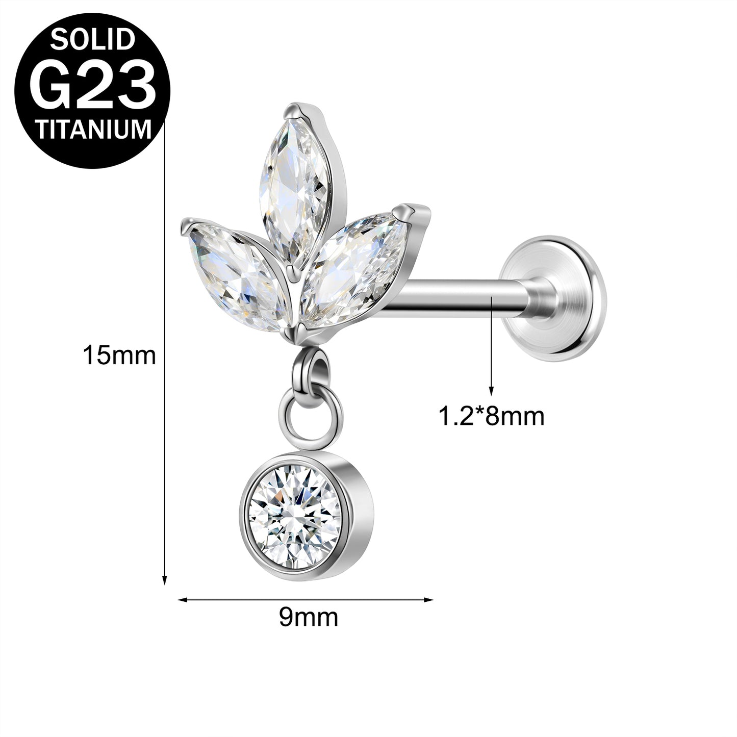 16g G23 Titanium Labret Ring Zircon Dangle Stud Earring Threaded Conch Helix Lip Piercing