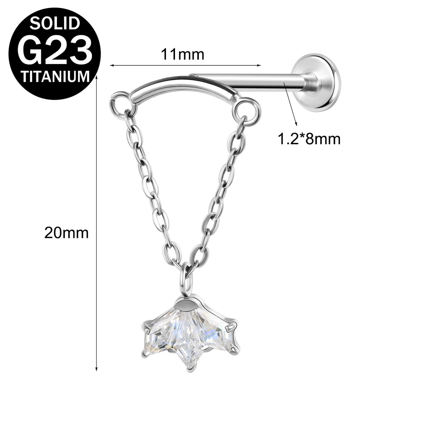 16g G23 Titanium Labret Ring Zircon Dangle Stud Earring Threaded Conch Helix Lip Piercing