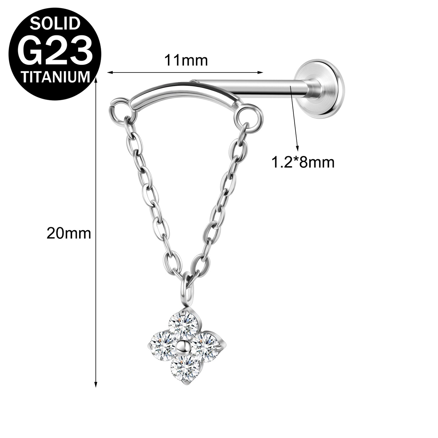 16g G23 Titanium Labret Ring Zircon Dangle Stud Earring Threaded Conch Helix Lip Piercing