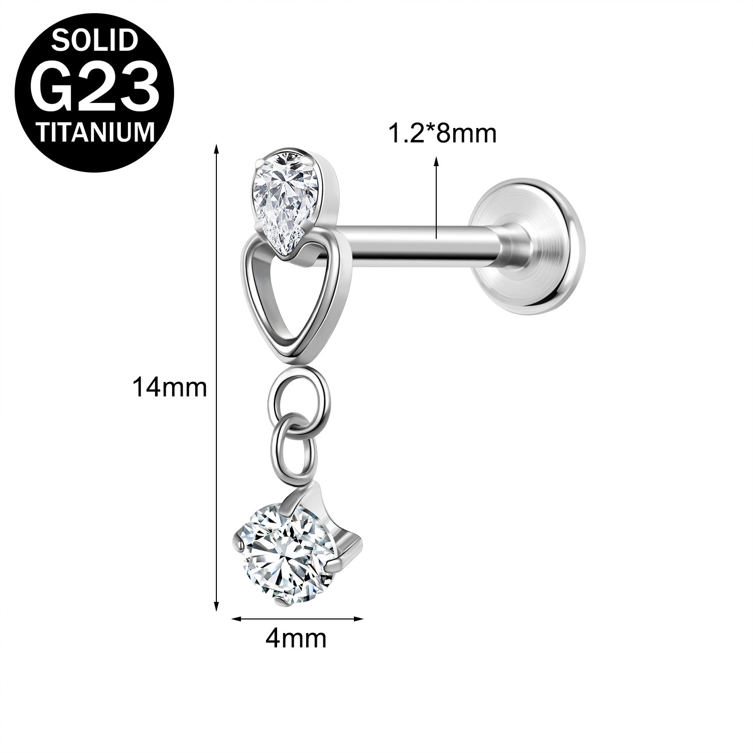 16g G23 Titanium Labret Ring Zircon Dangle Stud Earring Threaded Conch Helix Lip Piercing