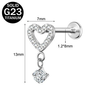 16g G23 Titanium Labret Ring Heart Zircon Stud Earring Threaded Conch Helix Lip Piercing