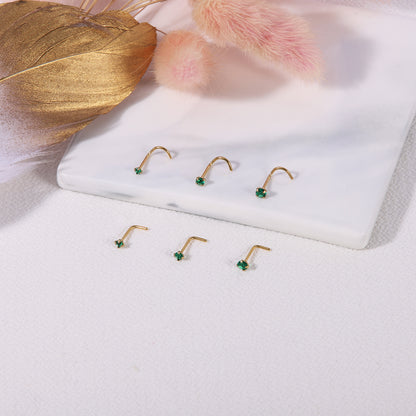 6-Pcs/Set-20G-Green-Zircon-Nose-Studs-Piercing-L-Shape-Nose-Rings-Gold-Plated-Nostril-Piercing