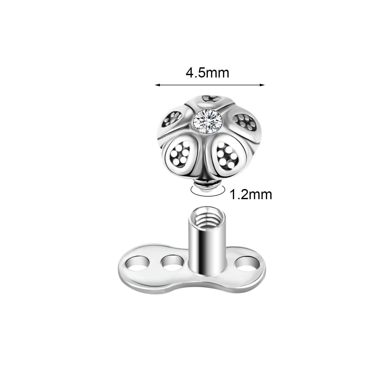 16G Cubic Zircon Dermal Anchor Stainless Steel Internally Threaded Skin Diver Piercings