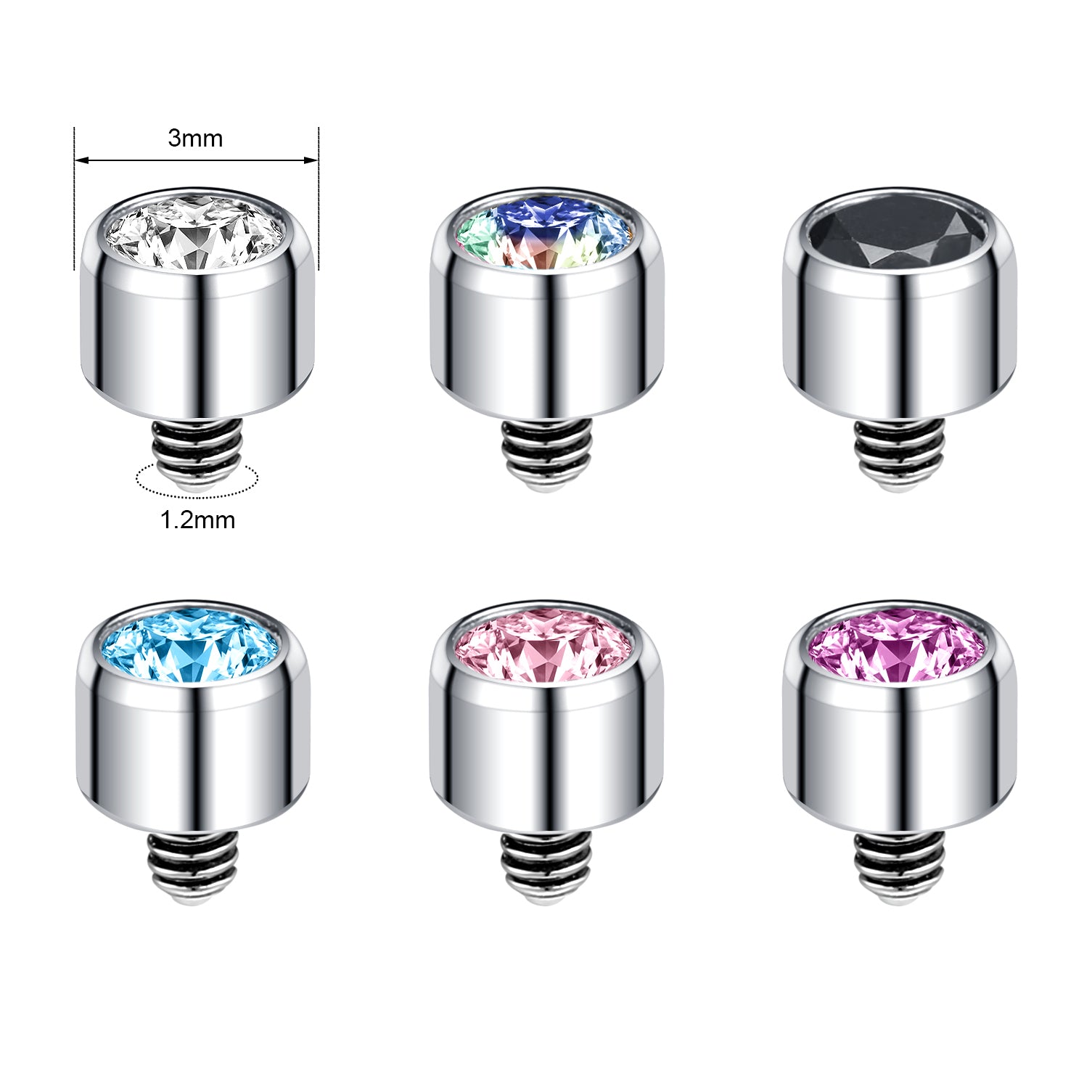 6pcs Crystal Dermal Anchor Tops Surgical Steel Internally Threaded Skin Diver Piercings