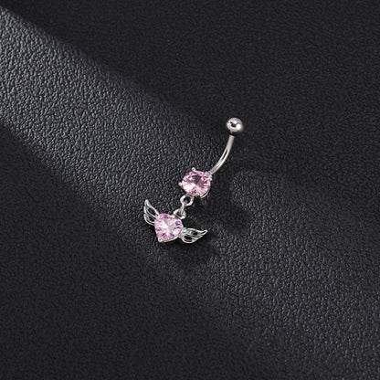 14G Double Wing Dangle Belly Navel Rings Pink Zirconia Belly Button Rings