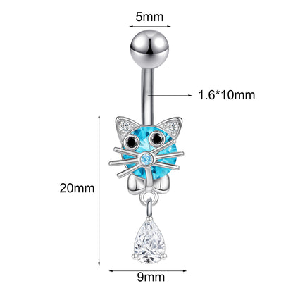 14G Cute Cat Belly Navel Rings Aqua Blue Zirconia Belly Button Rings