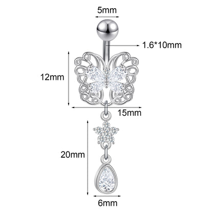 14G Butterfly Belly Navel Rings Crystal Drop Dangling Belly Button Rings