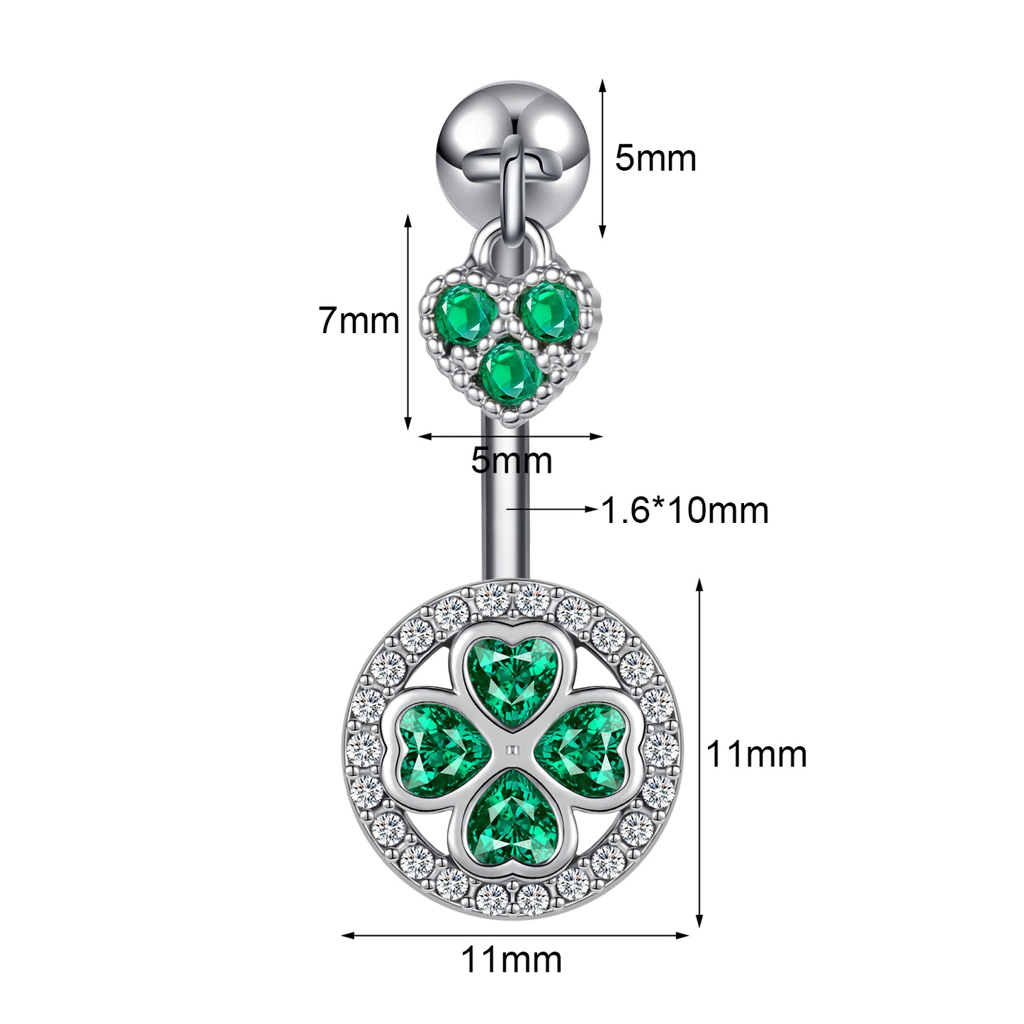 14G Heart Belly Navel Rings Lucky Green Zirconia Belly Button Rings