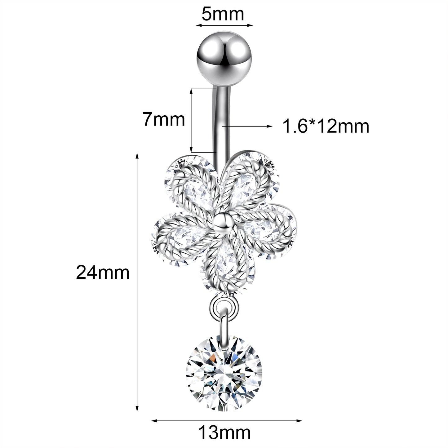 14G Flower Belly Navel Rings Zirconia Dangle Belly Button Rings