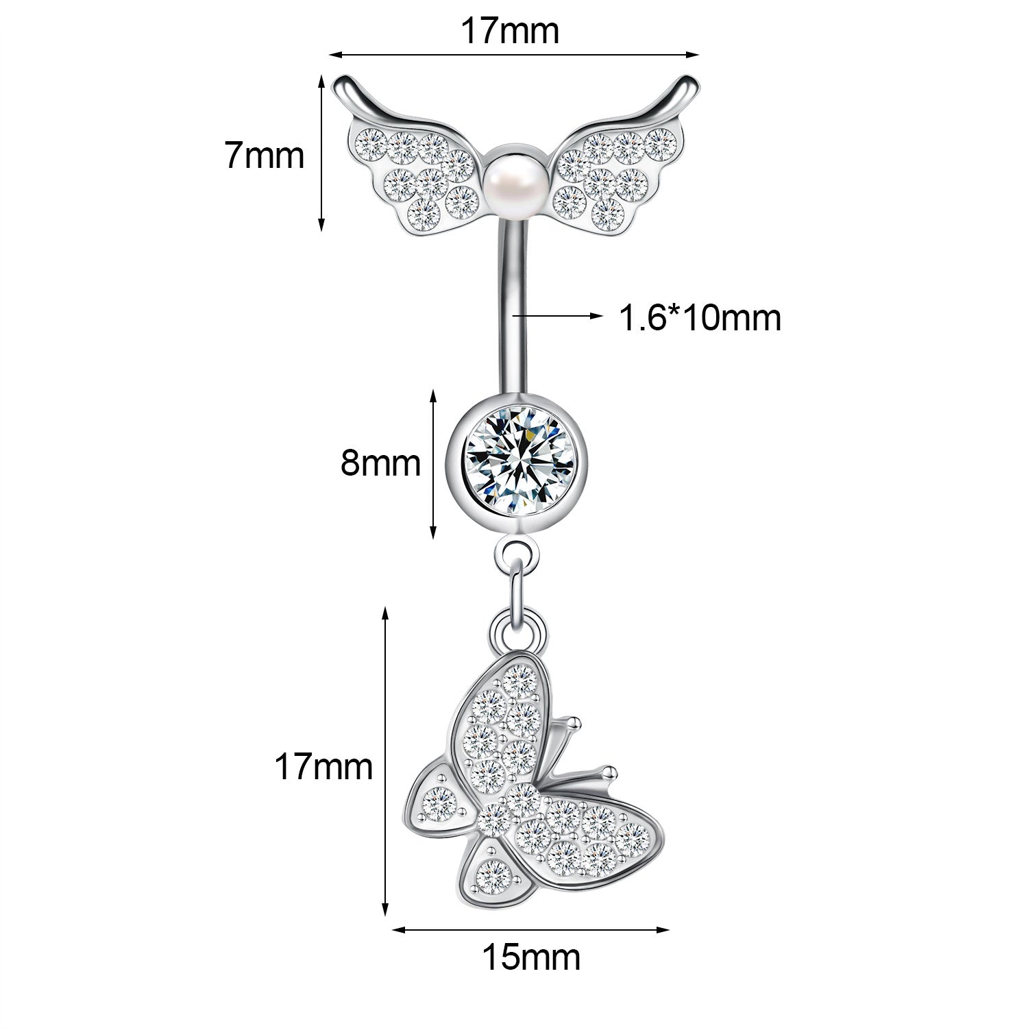 14G Butterfly Dangle Belly Navel Rings Bling Zircon Belly Button Rings